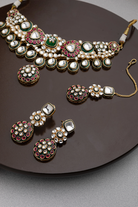 Bridal Kundan Choker Necklace with Pink & Green Stones and Maang Tikka  Gold Polish  Adjustable Thread