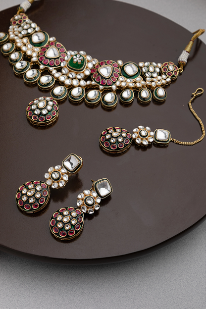 Bridal Kundan Choker Necklace with Pink & Green Stones and Maang Tikka  Gold Polish  Adjustable Thread