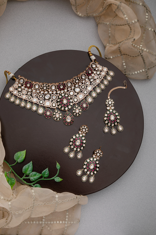 Kundan Bridal Choker Necklace with Pink & Green Stones and Maang Tikka Gold Polish Adjustable Thread