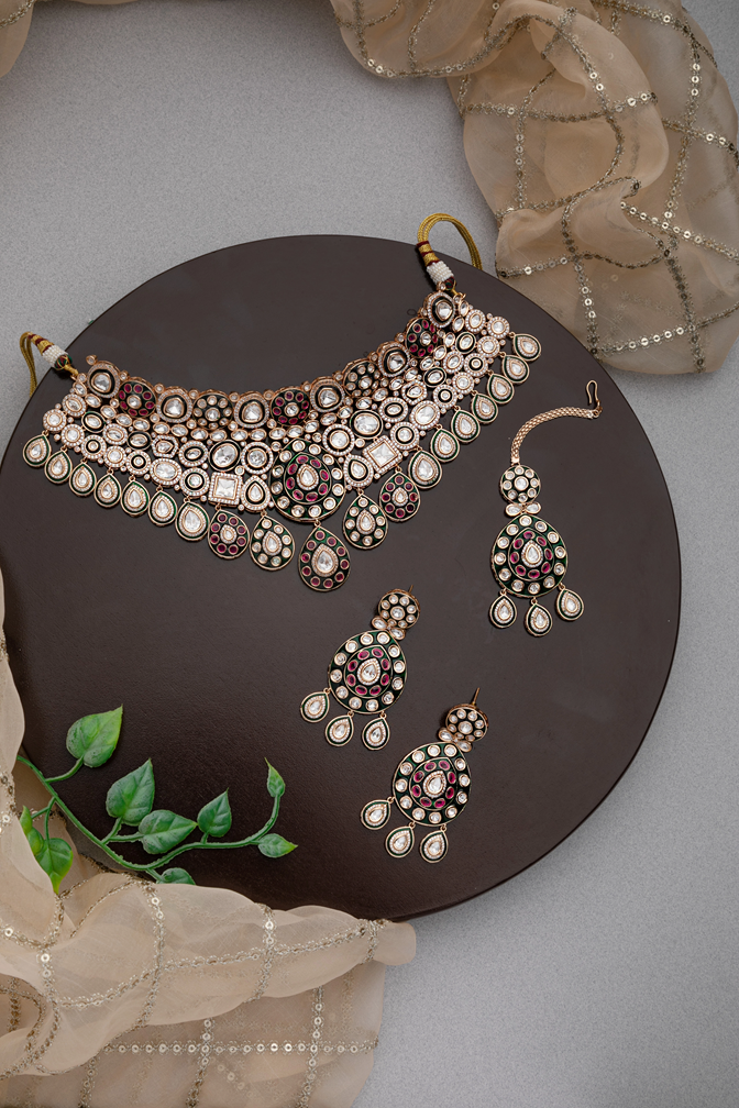 Kundan Bridal Choker Necklace with Pink & Green Stones and Maang Tikka  Gold Polish  Adjustable Thread