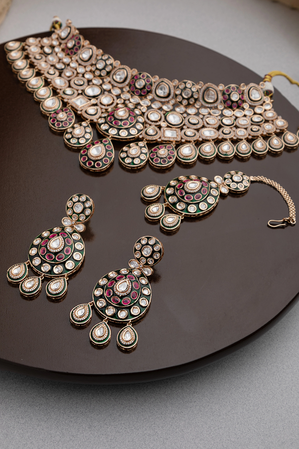 Kundan Bridal Choker Necklace with Pink & Green Stones and Maang Tikka  Gold Polish  Adjustable Thread