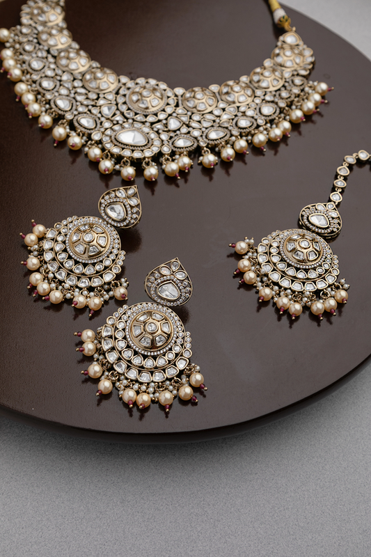 Bridal Kundan Necklace with Gold Stones & Maang Tikka  Victorian Gold Polish  Adjustable Thread