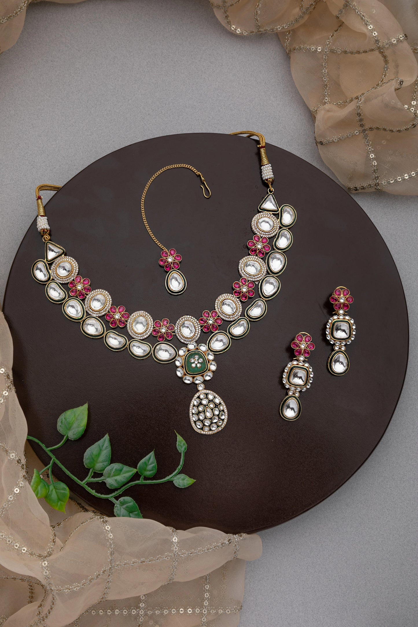 KUNDAN WITH FLOWER PINK AND GOLD STONE IN GREEN ENAMEL GOLD POLISH NECKLACE FOR BRIDAL