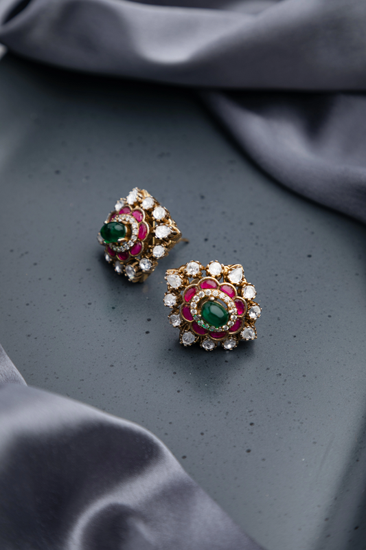Pink Kundan Polki Indo-Western Ear Studs 