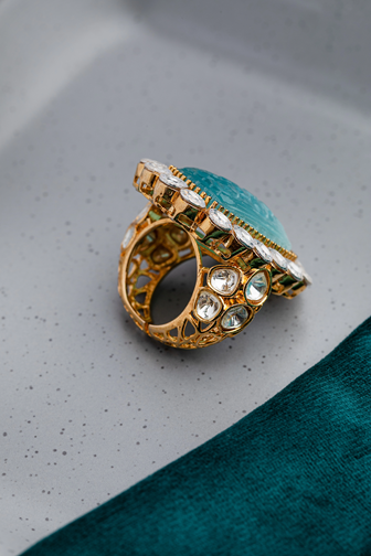 Kundan Ring with Monalisa & Pastel Blue Stones Gold Finish Adjustable Size