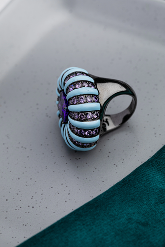 Cocktail Ring with Purple Stone & Blue Enamel Black Rhodium Finish Indian Size 15