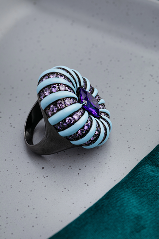 Cocktail Ring with Purple Stone & Blue Enamel  Black Rhodium Finish  Indian Size 15