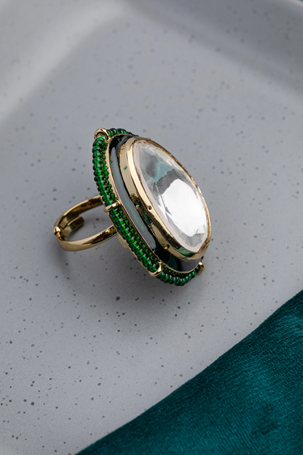Big Kundan Ring in Indo-Western Style with Green Moti Victoria Gold Finish Adjustable Size