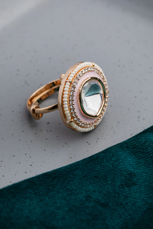 Kundan Ring with Pink Enamel & White Moti Border Gold Finish Adjustable Size