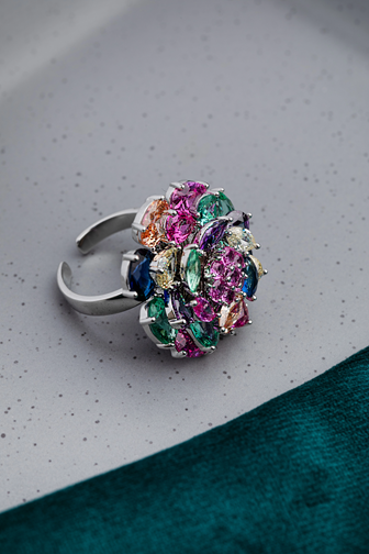 Multicoloured Cubic Zirconia Ring White Rhodium Finish Adjustable Size
