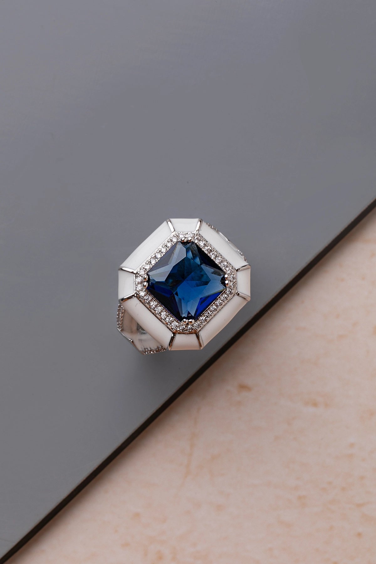 White Enameled Ring with Blue Stone White Rhodium Finish Adjustable Size