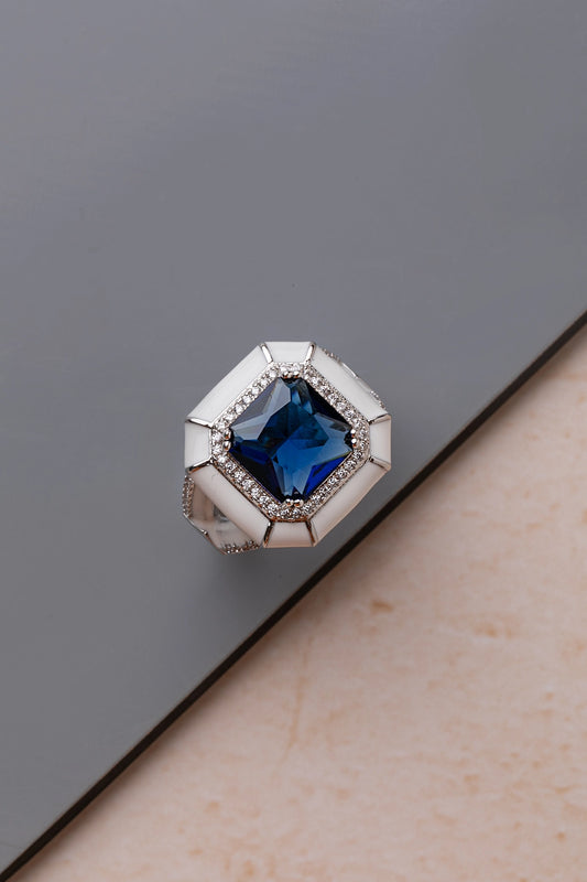 White Enameled Ring with Blue Stone White Rhodium Finish Adjustable Size