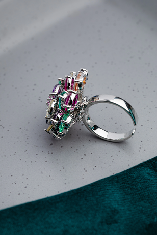 Multicoloured Cubic Zirconia Ring  White Rhodium Finish  Adjustable Size