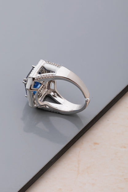 White Enameled Ring with Blue Stone  White Rhodium Finish  Adjustable Size