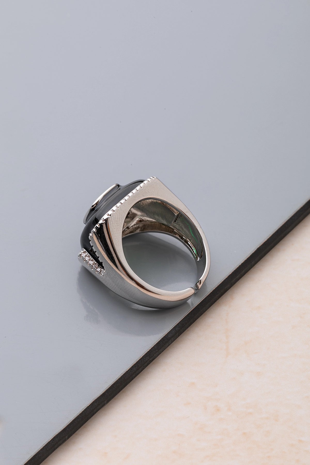 Black Enamel Ring with Green Stone White Rhodium Finish Adjustable Size