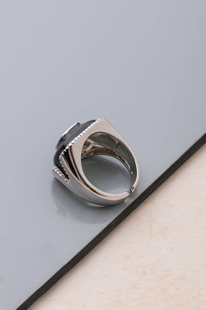Black Enamel Ring with Green Stone White Rhodium Finish Adjustable Size