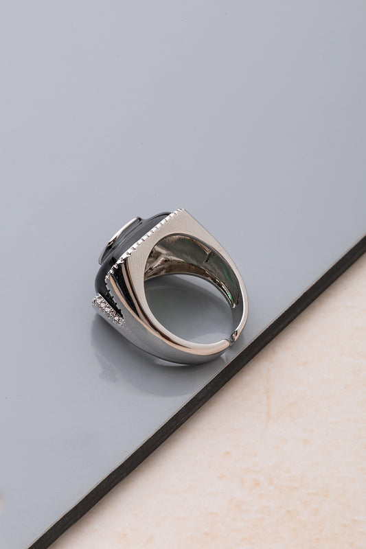Black Enamel Ring with Green Stone White Rhodium Finish Adjustable Size