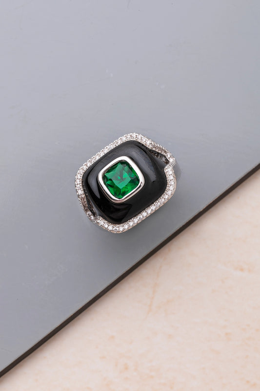 Black Enamel Ring with Green Stone  White Rhodium Finish  Adjustable Size