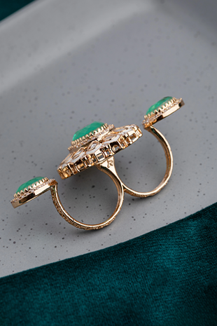 Double Finger Kundan Ring with White Enamel & Sea Green Stone  Gold Finish  Adjustable Size