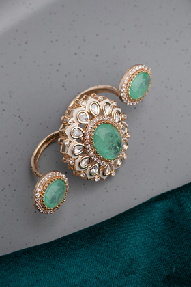 Double Finger Kundan Ring with White Enamel & Sea Green Stone Gold Finish Adjustable Size