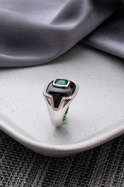Black Enamel Ring with Green Stone  White Rhodium Finish  Adjustable Size