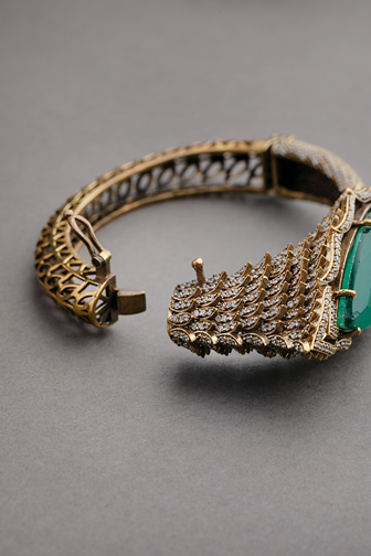 Contemporary Peacock Kundan Bangle with Green Stone  Victorian Gold Finish  Openable  Size 2.4