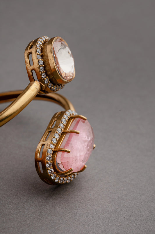 Contemporary Unshaped Kundan Bangle with CZ Border Matt Gold Finish Openable Size 2.4 Pastel Pink