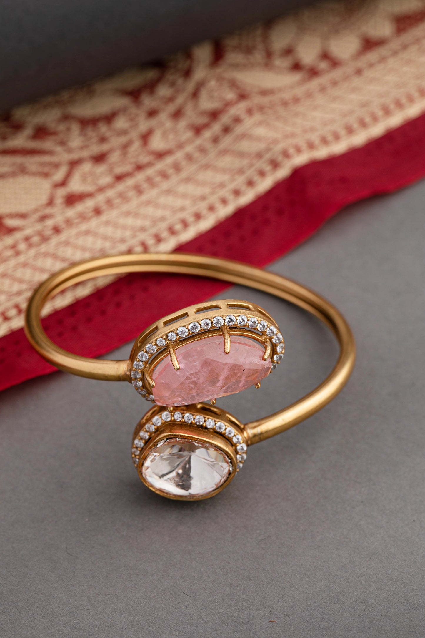Contemporary Unshaped Kundan Bangle with CZ Border  Matt Gold Finish  Openable  Size 2.4  Pastel Pink