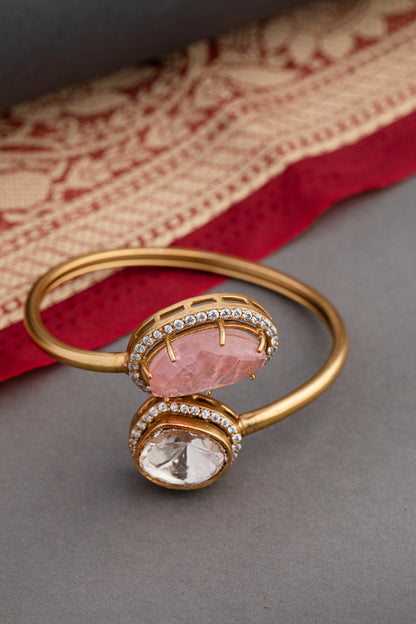 Contemporary Unshaped Kundan Bangle with CZ Border  Matt Gold Finish  Openable  Size 2.4  Pastel Pink