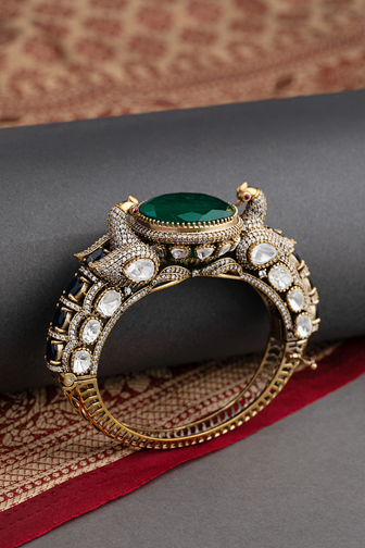 Contemporary Single Kada with Green Stone  Victorian Gold Finish  Openable  Size 2.4