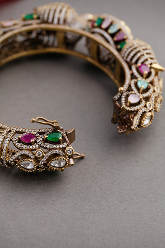 Peacock Contemporary Single Kada with Green & Multicolored Stones  Victorian Gold Finish  Openable  Size 2.6