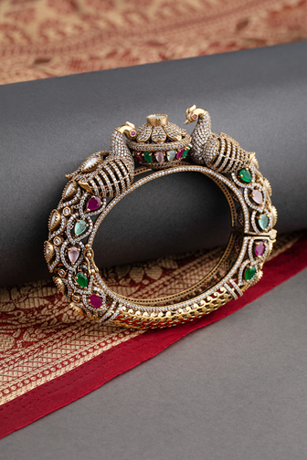 Peacock Contemporary Single Kada with Green & Multicolored Stones  Victorian Gold Finish  Openable  Size 2.6