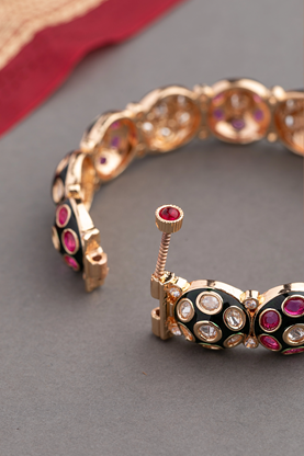 Kundan Bangles Set (2 Pc) with Green & Pink Stones  Gold Finish  Openable  Size 2.4