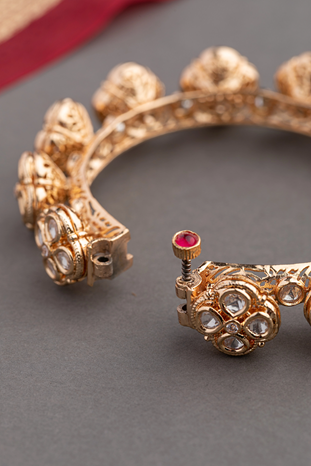 Kundan Bangles Set (2 Pc) with Gold Zircon Gold Polish Finish Openable Size 2.2