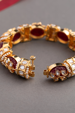 Contemporary Kundan Bangle with Maroon Stone  Gold Finish  Openable  Sizes 2.4 & 2.6