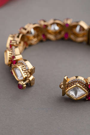 Kundan Bangles Set (2 Pc) with Pink Zircon  Gold Polish Finish  Openable  Sizes 2.2 & 2.4