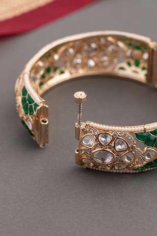 Kundan Bangles Set (2 Pc) with Green Enamel & White Moti Border  Gold Finish  Openable  Size 2.4