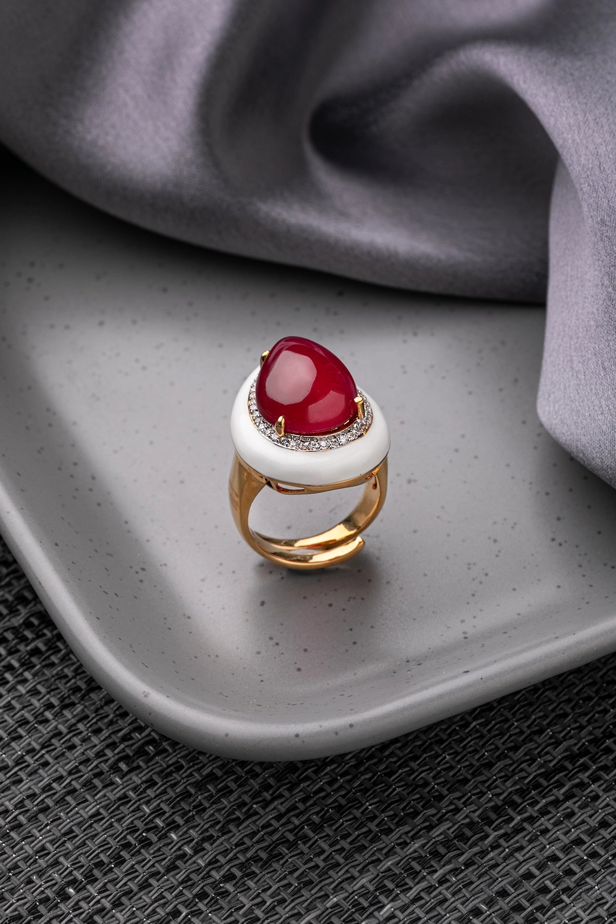 Cocktail CZ Ring with Red Stone & White Enamel Gold Polish Adjustable Size