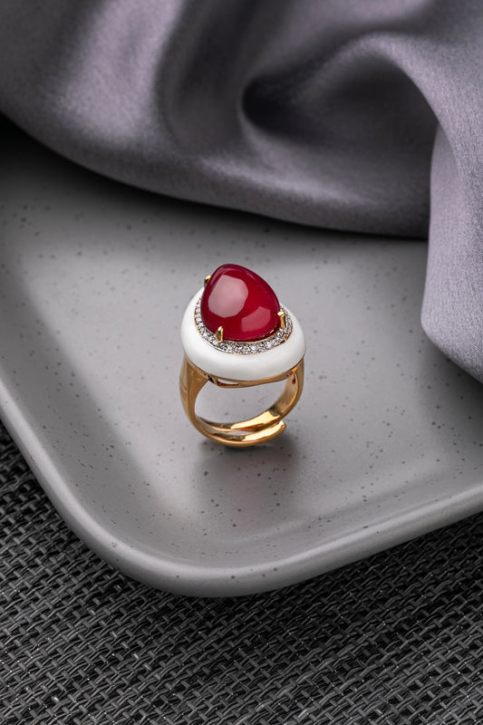 Cocktail CZ Ring with Red Stone & White Enamel Gold Polish Adjustable Size