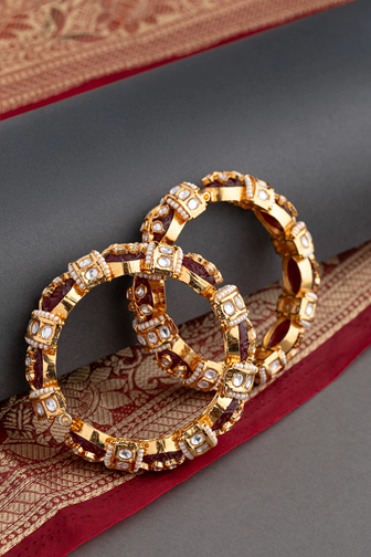 Contemporary Kundan Bangle with Maroon Stone  Gold Finish  Openable  Sizes 2.4 & 2.6
