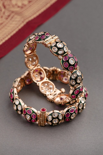 Kundan Bangles Set (2 Pc) with Green & Pink Stones  Gold Finish  Openable  Size 2.4