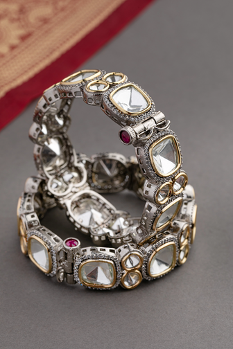 Contemporary Kundan Bangles Set (2 Pc)  Silver Oxidized Gold Finish  Openable  Sizes 2.4 & 2.6