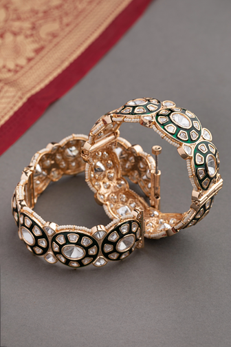 Kundan Bangles Set (2 Pc) with Green Enamel Gold Finish Openable Sizes 2.4 & 2.6