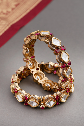 Kundan Bangles Set (2 Pc) with Pink Zircon  Gold Polish Finish  Openable  Sizes 2.2 & 2.4