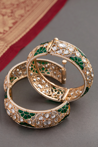 Kundan Bangles Set (2 Pc) with Green Enamel & White Moti Border Gold Finish Openable Size 2.4