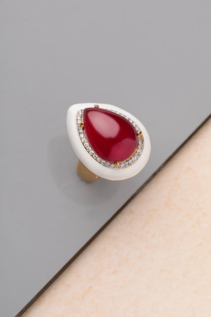 Cocktail CZ Ring with Red Stone & White Enamel  Gold Polish  Adjustable Size