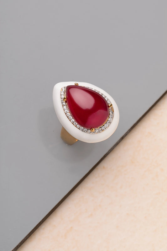 Cocktail CZ Ring with Red Stone & White Enamel  Gold Polish  Adjustable Size