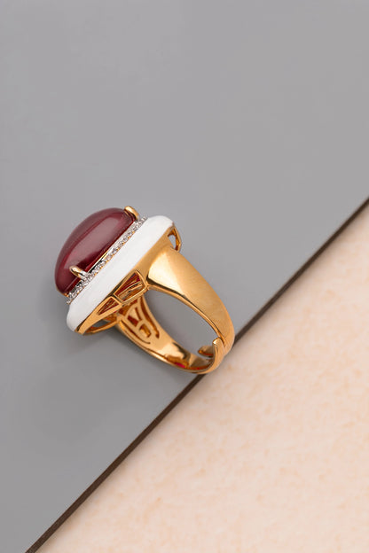 Cocktail CZ Ring with Red Stone & White Enamel  Gold Polish  Adjustable Size