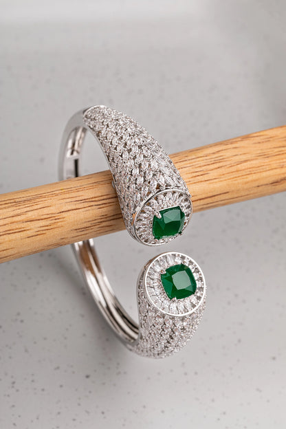 Cubic Zirconia Bracelet with Green Stone  Openable Design  White Rhodium Polish  Elegant Jewellery