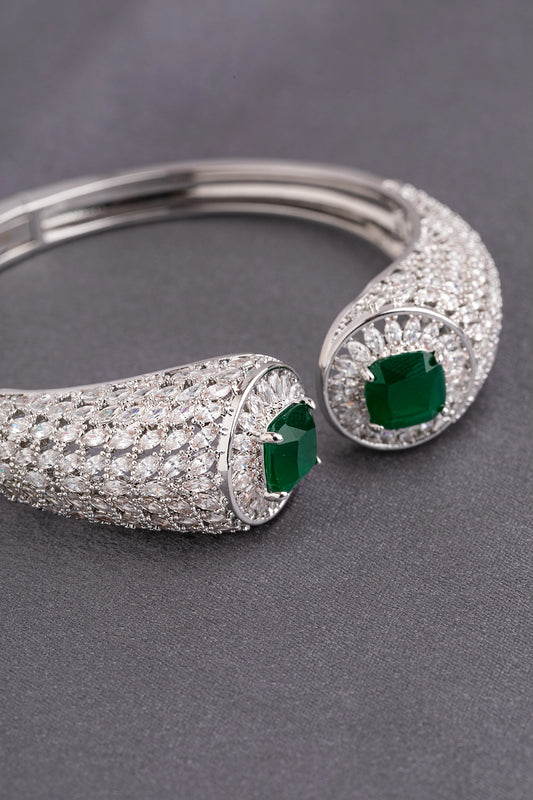 Cubic Zirconia Bracelet with Green Stone Openable Design White Rhodium Polish Elegant Jewellery